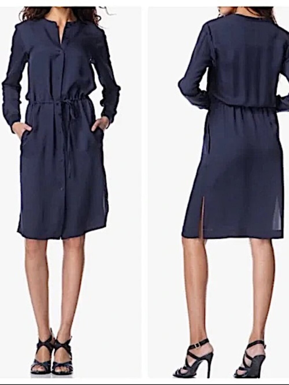 Theory Silk Stellira Shirtdress Navy Blue P • Cinch Waist • Side Slits